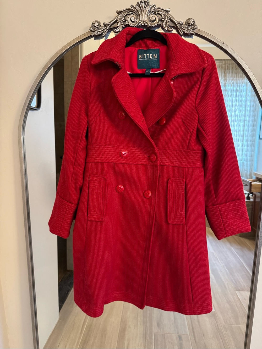 Bitten by Sarah Jessica Parker Bright Red Double-Breasted Pea Coat